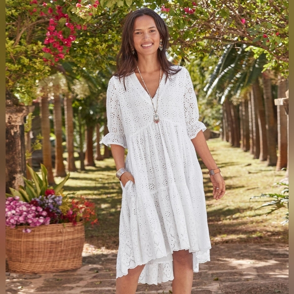 Sundance Dresses & Skirts - Sundance Jasmine Eyelet Midi Dress Womens Large Woven Cotton High Low Hem V-Neck